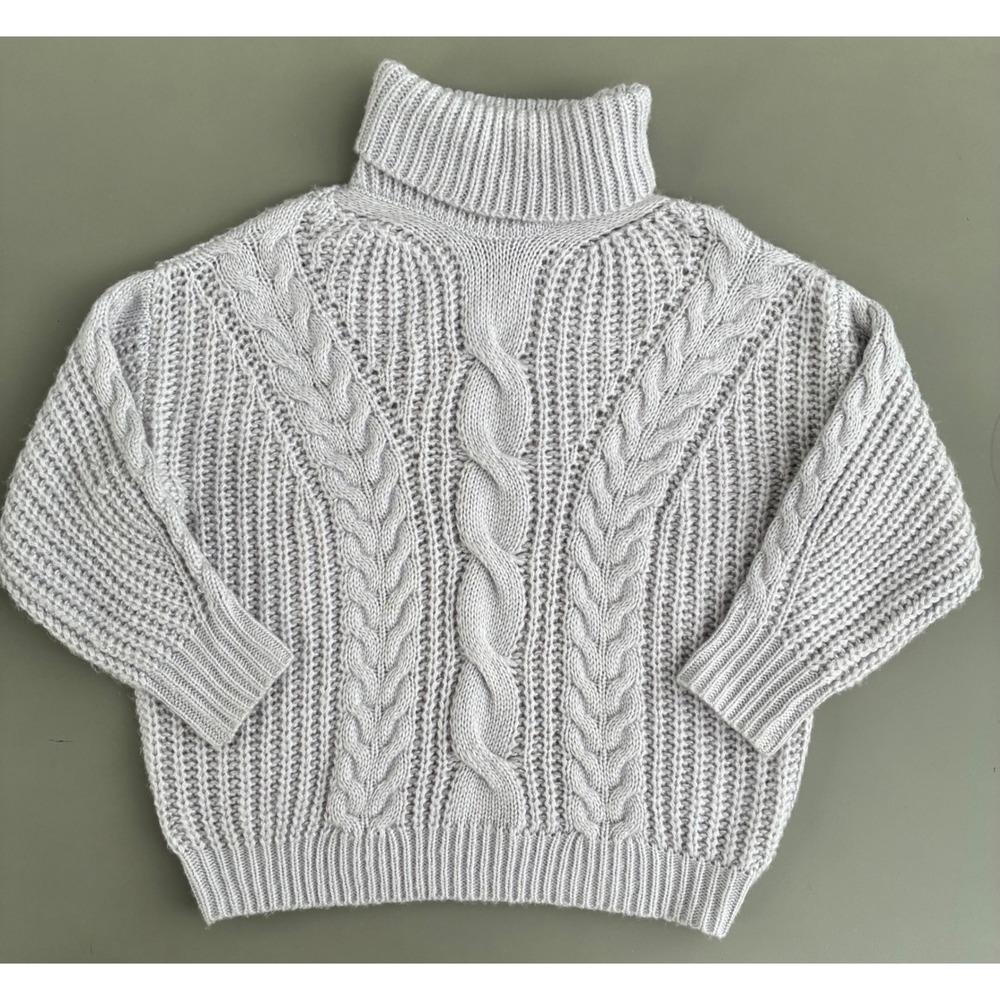 Brave + True Light Grey Cable Knit Turtleneck Sweater Chunky Knit M Fisherman